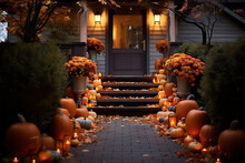 The Porch Of The House Is Decorated With Pumpkins And Lanterns With Candles. Autumn Home Decorating. AI Generative.