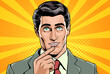 Surprised young businessman with wide open eyes holding hand next to face, vector illustration in retro pop art comic style