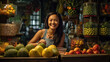© tong2530 - Joyful seller asian woman working in fruit shop. Generative Ai