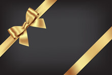 Gold Bow And Ribbon Place On Corner Of Paper For  Decorate Your Wedding Ceremony Cards, Website Or Gift Card, Vector EPS10 Isolated On Gradient Black Background.