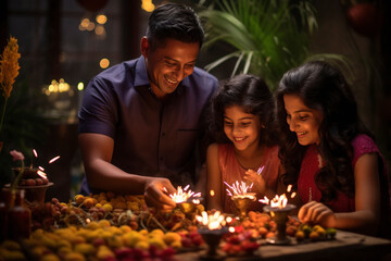 Wall Mural - Indian family celebrating diwali festival