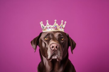 Wall Mural - Medium shot portrait photography of a funny labrador retriever wearing a princess crown against a vibrant purple background. With generative AI technology