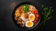 A bowl of ramen soup with noodles, mushrooms, marinated egg and vegetables on a black stone table, top view angle, generative ai