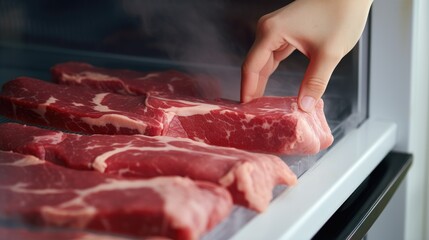 Wall Mural - Woman hand taking meat beef from refrigerator, close up, generative ai