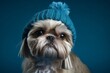Medium shot portrait photography of a funny shih tzu wearing a knit cap against a deep indigo background. With generative AI technology