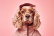 Photography in the style of pensive portraiture of a smiling cocker spaniel wearing a parka against a peachy pink background. With generative AI technology