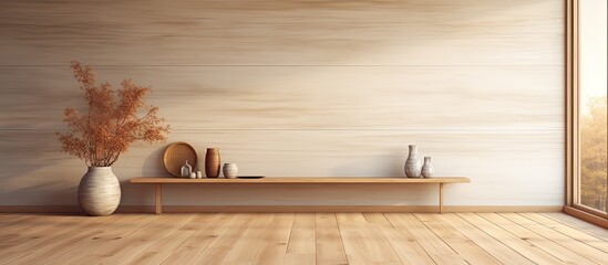 Wall Mural - a minimalist Japanese room with wooden interior inspired by Muji and Japandi design characterized by a clean and empty space