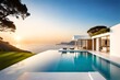 Traditional mediterranean house with white stucco wall with swimming pool. Summer vacation background
