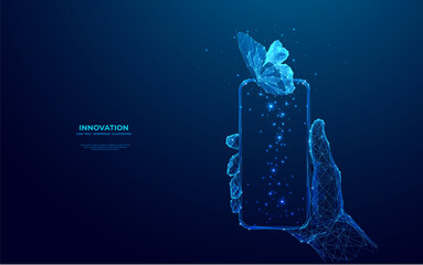Poster - Digital butterfly flies away from the smartphone screen. Abstract close-up human hand holding phone with a blue hologram of insect over the screen. Futuristic low poly wireframe vector illustration.