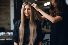 Hairdresser Doing Hair Rebonding To Long Hair In The Hair Salon