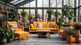 Projekt bez nOrange and yellow sofa and orange chair in the greenhouse. Scandinavian home interior design of modern living room with many houseplants.azwy - 4
