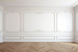 Fototapeta  - A white wall adorned with classic-style mouldings and a wooden floor