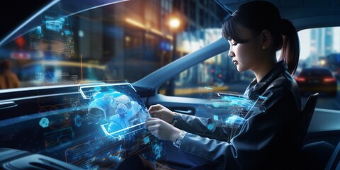 Fototapete - Female Driver Seamlessly Utilizing a Tablet Within an Augmented Reality Car, Showcasing the Marriage of Technology and Modern Transportation
