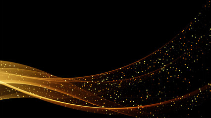 Wall Mural - Golden wave flow of transparent gold lines with glitter effect on a black background.