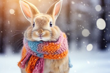 Cute funny easter rabbit with a colorful scarf. Winter scene with adorable animal and snowflakes in the background. Sunny outdoor scene. Copy space.