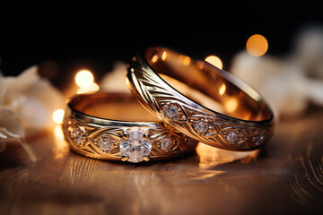 Close-up of newlyweds hands exchanging gold wedding bands amidst soft romantic lighting 