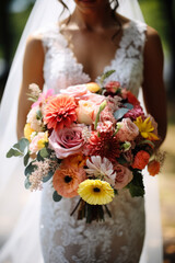 Macro shot of a brides intricate lace gown gripping her vibrant colorful wedding bouquet 