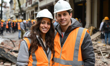 Portrait Of Rescuers Man And Woman Wearing Safety Helmets, Standing In Front Of Street With Destroyed Buildings After Earthquake