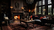 Dark Victorian Mansion Living Room With Curtain And Cozy Fireplace With Huge Windows