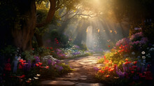 This Captivating Image Transports You To An Enchanted Forest Glade Adorned With Vibrant Wildflowers. Sunlight Filters Through The Dense Canopy, Casting A Warm And Ethereal Glow On The Lush Green