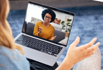 Aufkleber - Woman, video call and psychologist on laptop screen of support, advice or helping with mental health in online meeting. African therapist talking to home client for remote therapy on computer