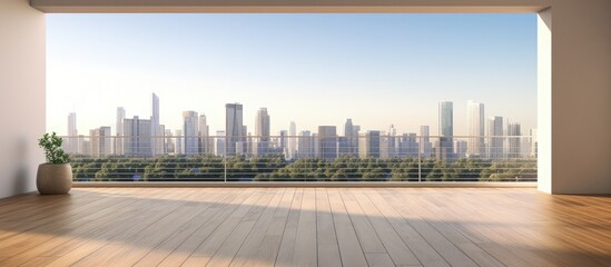 Wall Mural - a creative unfurnished interior with city view through open balcony door panoramic windows and woode