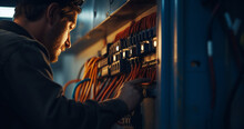 Man Industrial Equipment Technician Maintenance Cabling Repairman Electrician Electricity Engineer Working