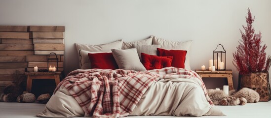 Poster - Comfortable bedroom with red cushions embodying hygge