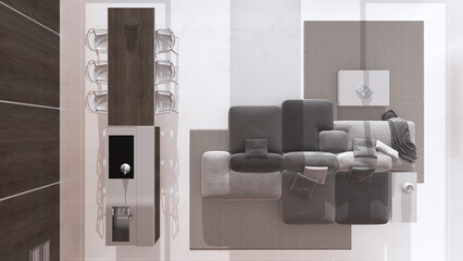 Wall Mural - Minimal modern dark wooden kitchen and living room in white and beige tones. Velvet sofa, dining island with chairs. Top view, plan, above. Luxury interior design