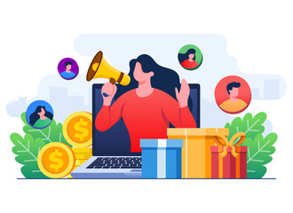 Wall Mural - Refer a friend strategy concept flat illustration vector template, Woman with megaphone on laptop screen, Referral program, Affiliate marketing, Influencer marketing