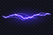 Electric discharge. Purple lightning isolated on transparent background. Flash Light. Realistic lightning glow. Natural phenomenon. Vector illustration.