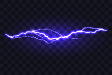 Electric Discharge. Purple Lightning Isolated On Transparent Background. Flash Light. Realistic Lightning Glow. Natural Phenomenon. Vector Illustration.