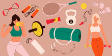 Vector Set Of Flat Illustration Of Sports Equipment. Sports Day. Items Of Different Sports, Dumbbells, Rackets, Weights, Ball, Rope, Whistle, Roller. Sports Girls.