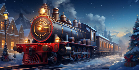 Wall Mural - Festive Illuminated Christmas Train on Snowy Background