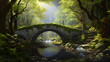 Step into a fairytale world with this enchanting scene. It showcases a moss-covered bridge arching gracefully over a serene forest stream. The verdant surroundings and dappled sunlight create a dream.