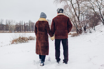 Canvas Print - Back view of senior family couple walks outdoors during snowy winter weather. Man and woman hold hands.