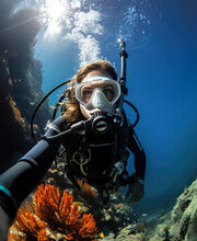 Beautiful Young Woman Scuba Diver Looking At The Camera Over A Coral Reef.
