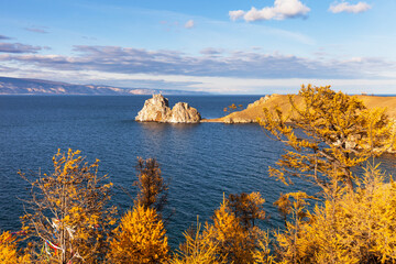 Wall Mural - baikal lake on october sunny day. view of natural landmark of olkhon island - famous shamanka rock a