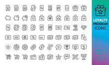 Loyalty Program Isolated Icons Set. Set Of Cashback, Loyalty Cards, Piggy Bank, Discount Coupon, Customer Gift Card, Bonus Points, Exclusive Prize, Shopping Discount App Vector Icon