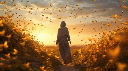 Beautiful Muslim woman wearing a hijab in the field in the afternoon accompanied by lots of butterflies