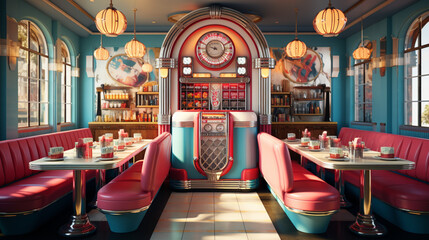 Retro vintage diner restaurant, interior design, stylish old fashioned design concept