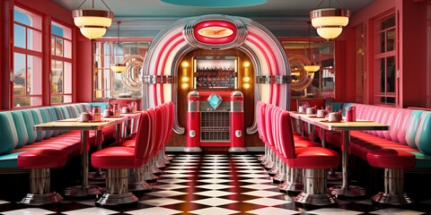 Retro vintage diner restaurant, interior design, stylish old fashioned design concept