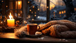 canvas print picture - Gemütlicher WInterabend, kalt, warm, tee, kaffee, Fenster, atmosphäre, Kerzen, Lichter, Beleuchtung, Winter, Herbst, Schnee