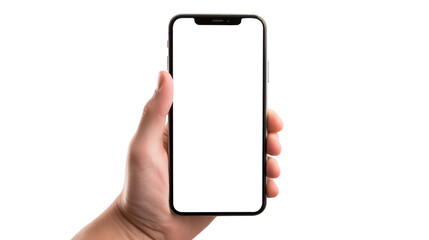 Man's Hand holding smartphone, Mockup iphone hand. phone screen for Infographic Global Business web site design. Isolated on Transparent background. Front view

