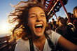 Unforgettable close-up of a thrilled teenage girl at peak of roller coaster ride, displaying intense emotion amidst amusement park setting.