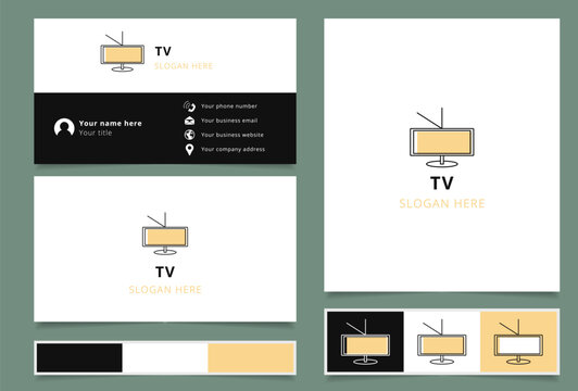 Tv logo design with editable slogan. Branding book and business card template.