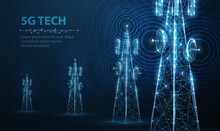 Abstract Antenna Mast On Blue. 5G Technology, Telecommunication Industry