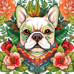 Fototapete - Image of pattern design using bulldog head and flowers and leaves. Pet. Animals. Illustration, Generative AI.