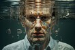 surreal portrait of a man looking through glasses of water with mirror reflections and distortions