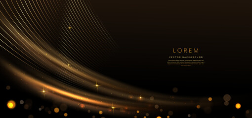 Abstract elegant dark brown background with golden line and lighting effect sparkle. Luxury template award design.